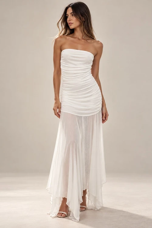Vestido Strapless de tul largo Blanco